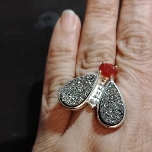 Silver Drusy and Red Gem Insect Ring Size 7.5